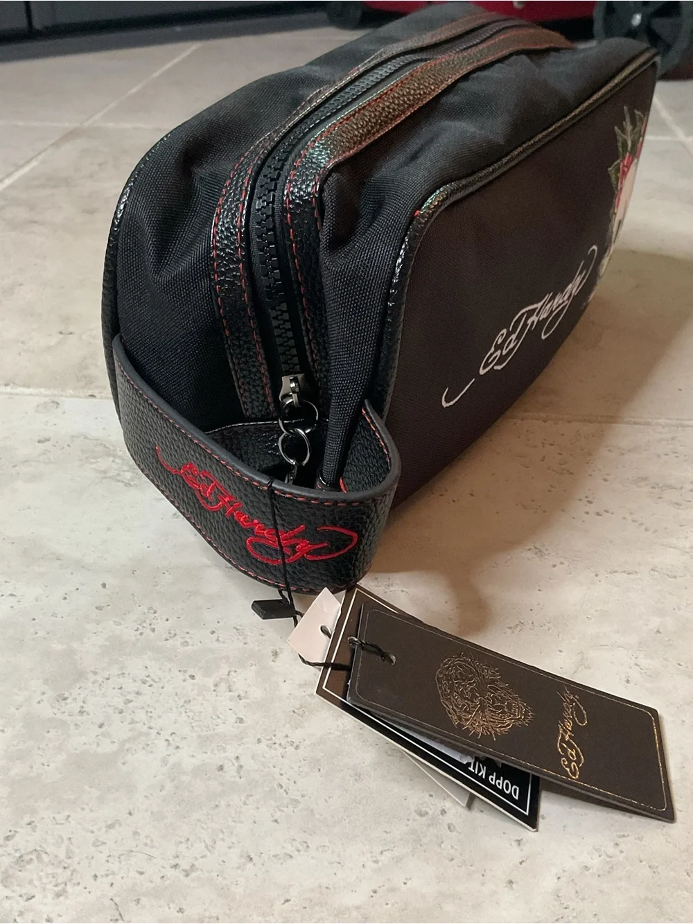 Ed Hardy Black Dopp Case with Red Rose & Skull Patch NWT